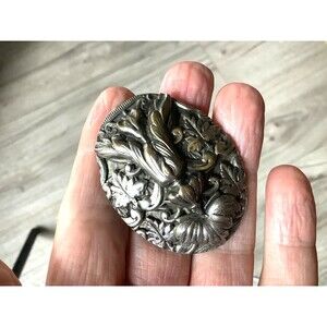 Antique Art Nouveau Dress Clip Large Brooch Silver Floral Scarf Victorian Style